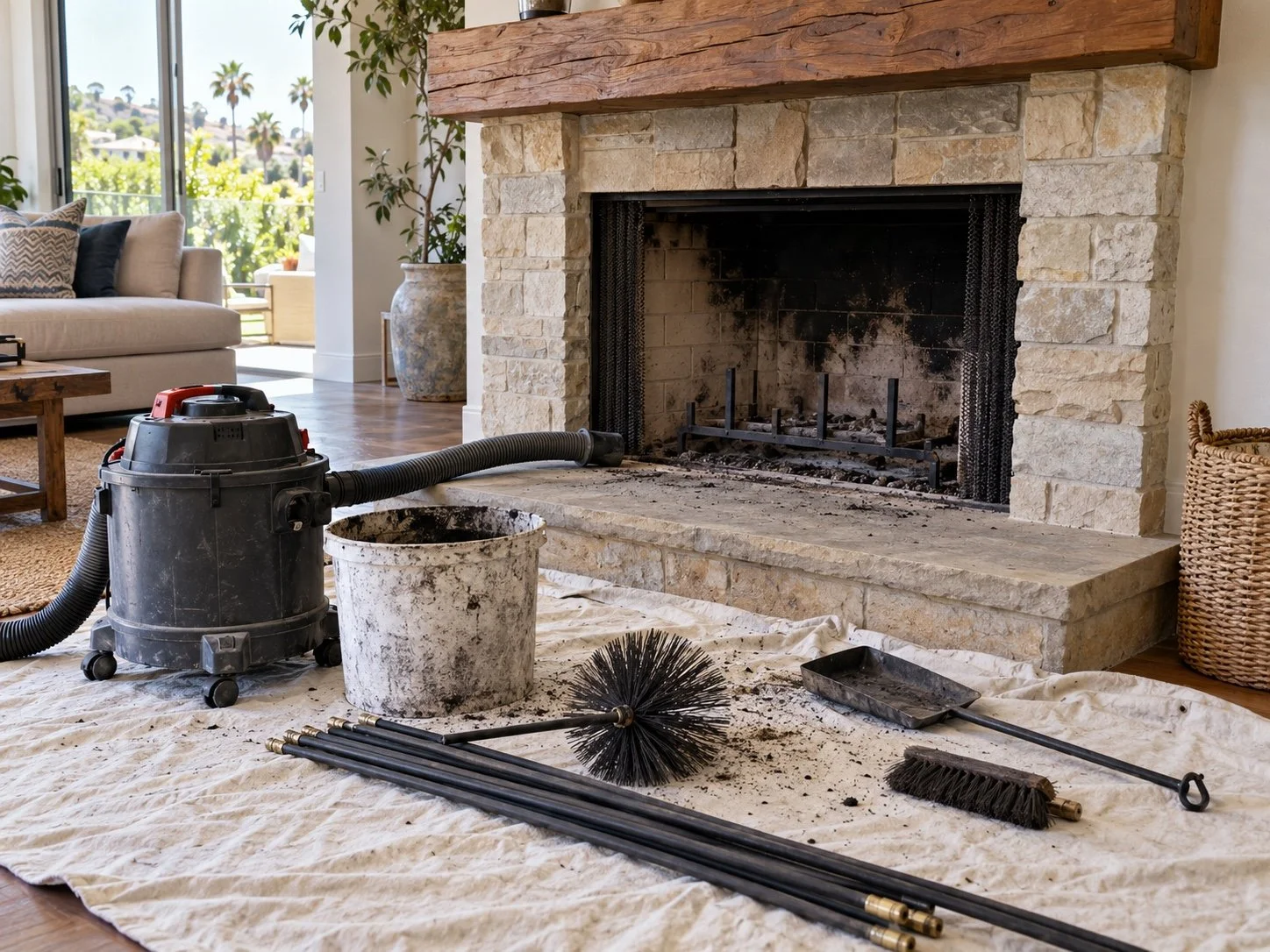 Fireplace cleaning equipment with brushes, rods, vacuum and protective drop cloths