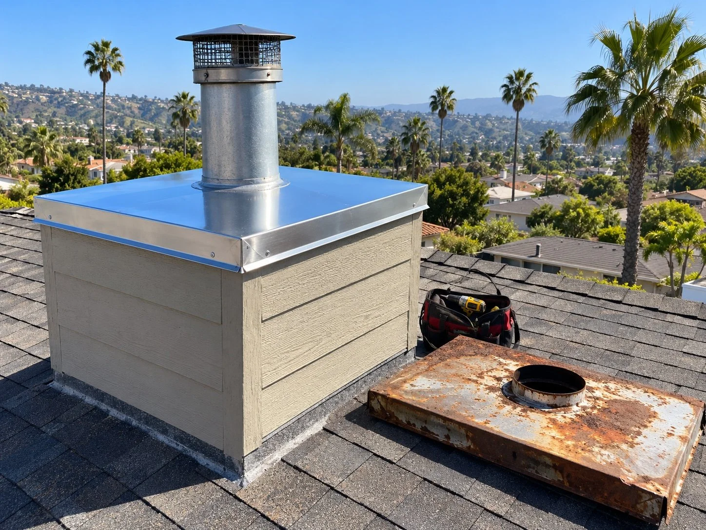 Metal chimney chase cover and round cap with an older rusted cover beside the chimney