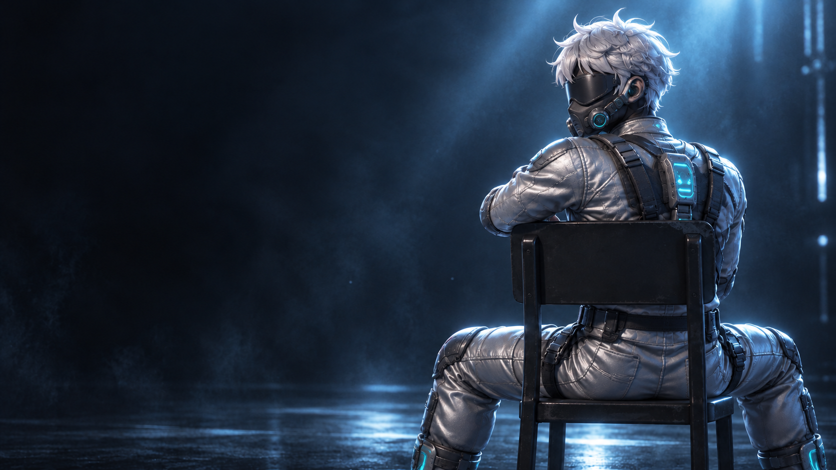 Generated first-album artwork of an animated male character in a silver flight suit with his face fully covered, seated with his back toward the camera