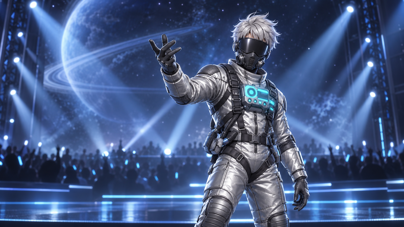 Generated first-album performance artwork of an animated male character in a silver flight suit with his face fully covered