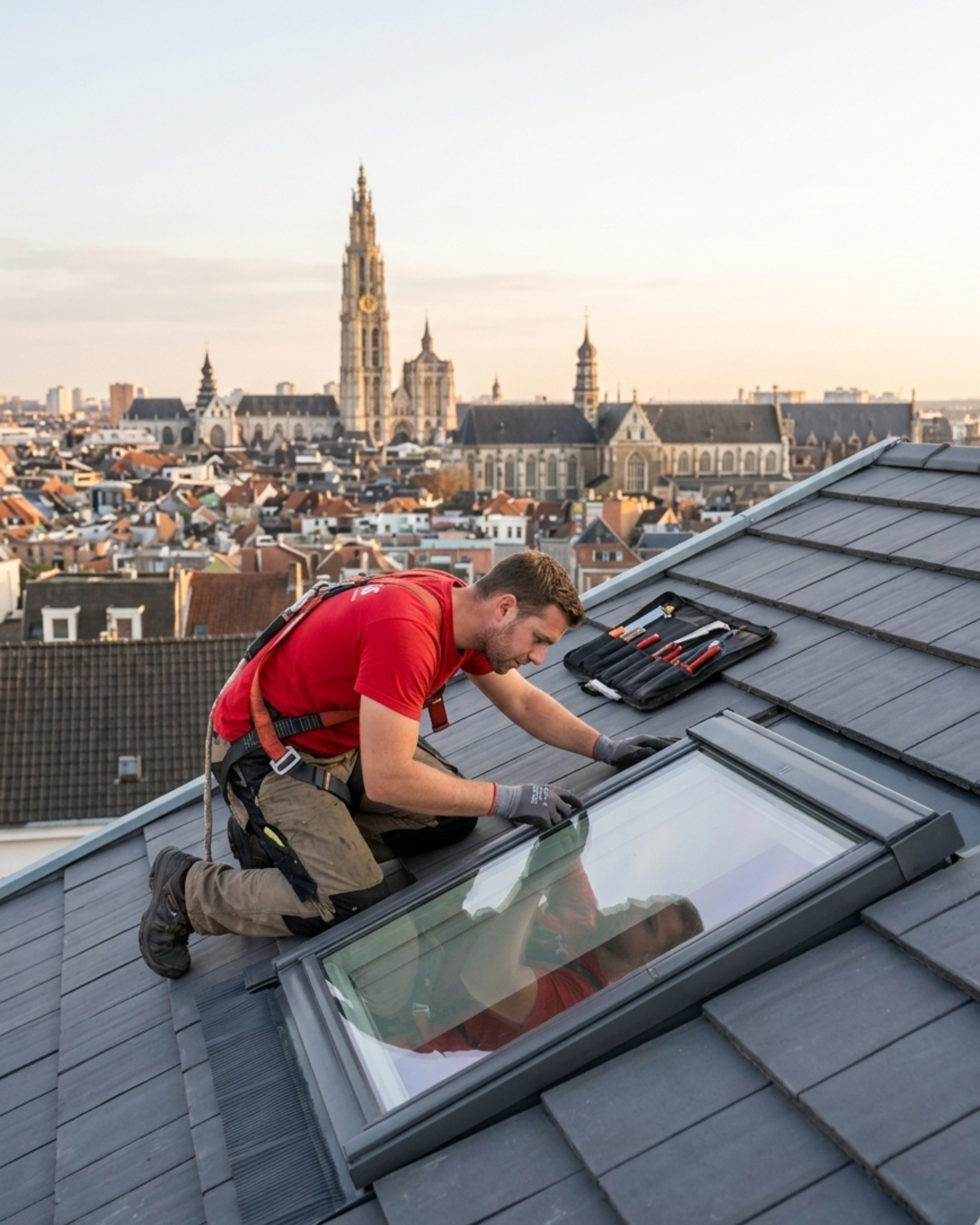 Velux nieuw dakraam plaatsen Antwerpen skyline