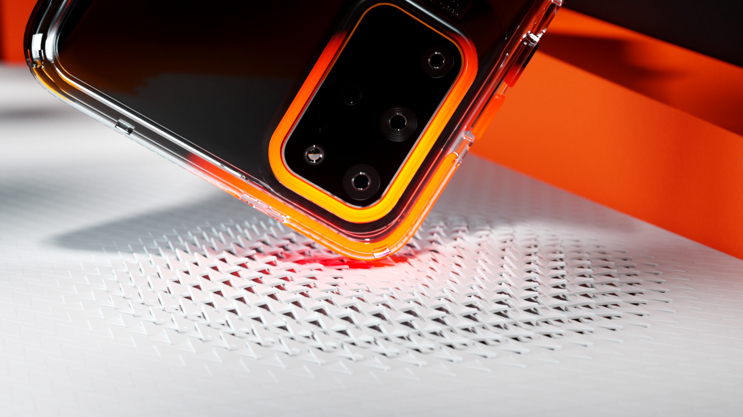 Premium product render with transparent materials and orange lighting