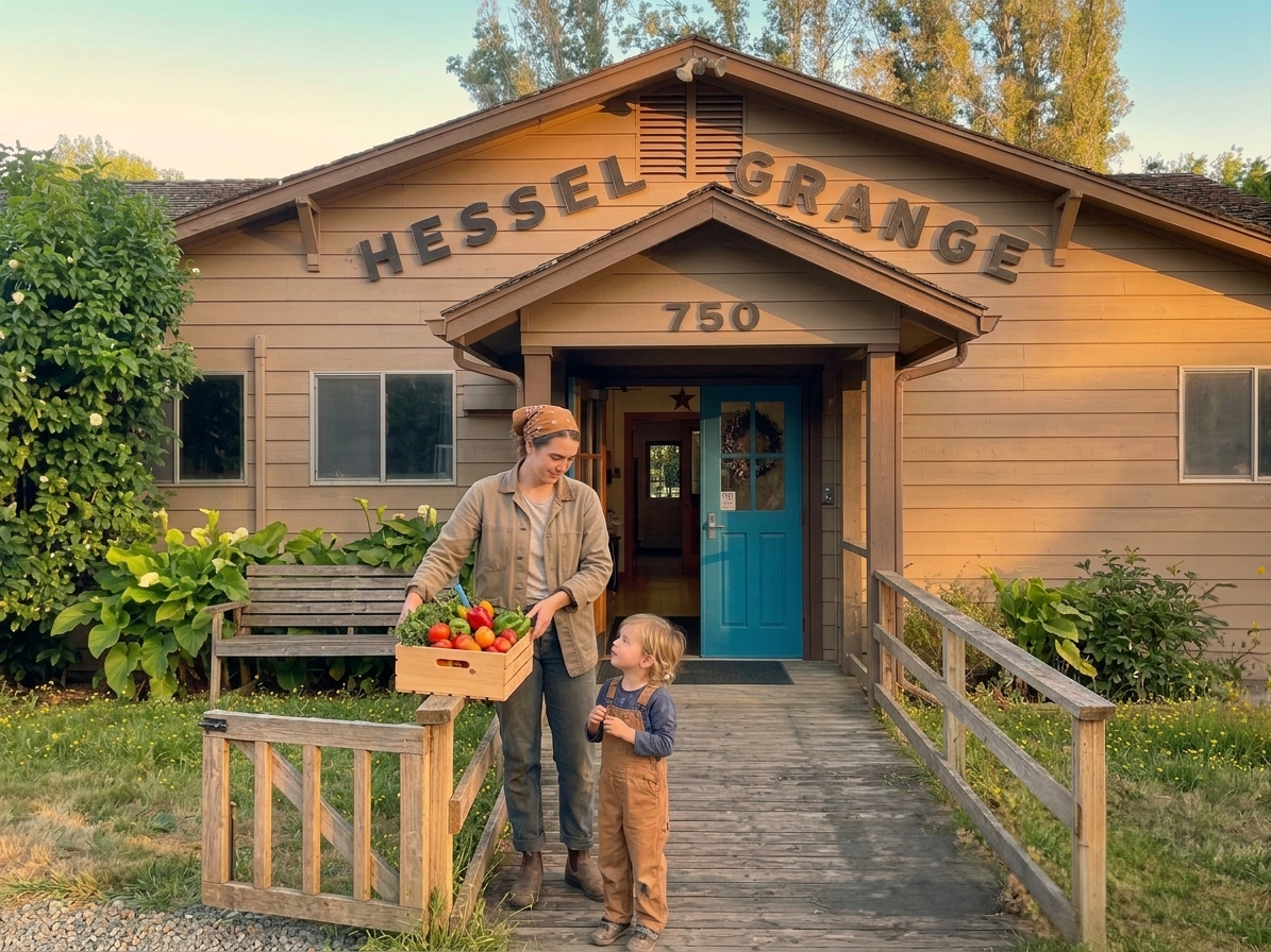 Hessel Grange community hall surrounded by beautiful Sonoma County farmland