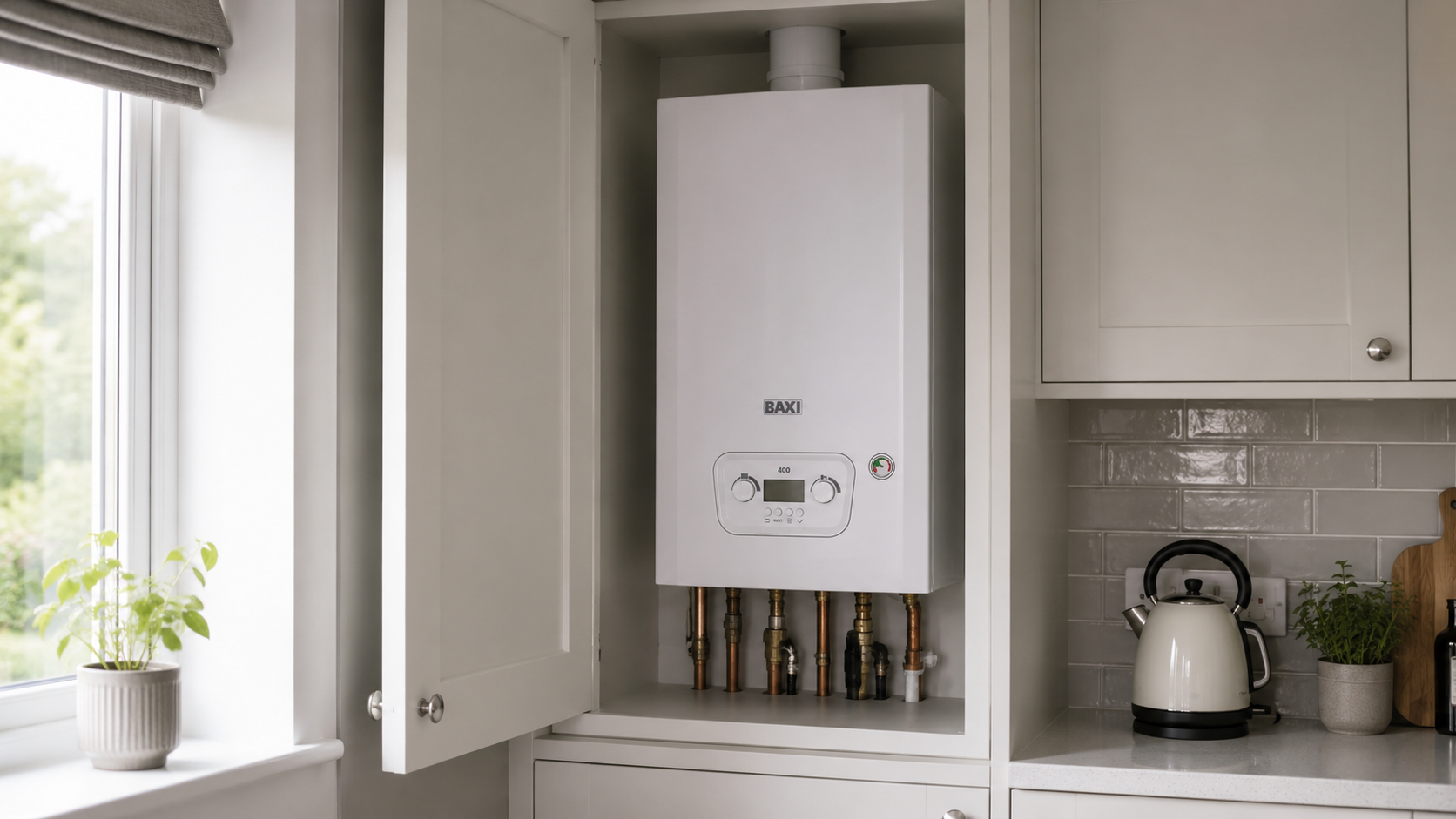 Baxi 400 combi boiler installed inside a kitchen cupboard with the door open