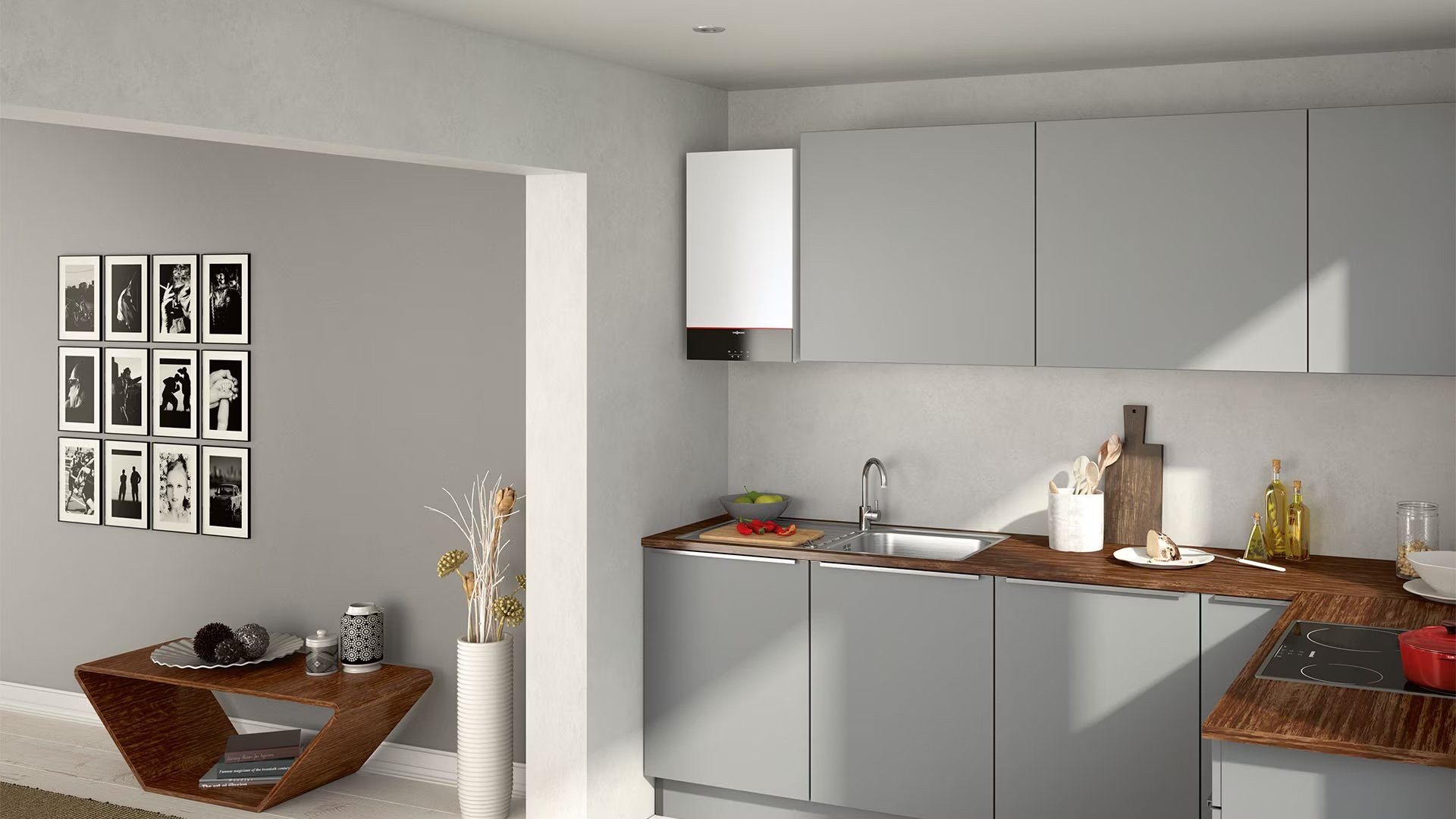 Viessmann Vitodens 100-W combi boiler wall-mounted in a modern fitted kitchen