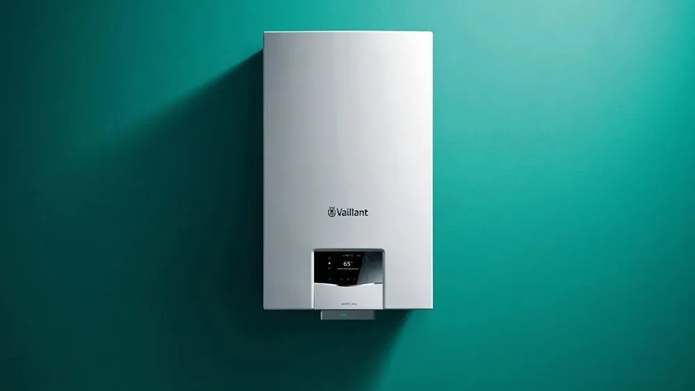 Vaillant ecoTEC plus combi boiler wall-mounted on a teal wall