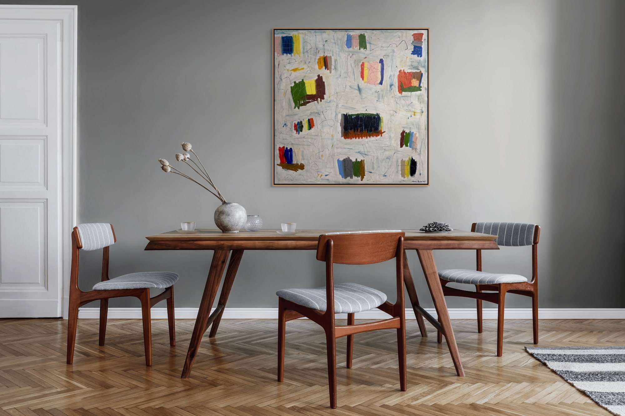Muizenberg, original abstract painting by Marcus Bacher in a mid-century dining interior in the Tampa Bay area