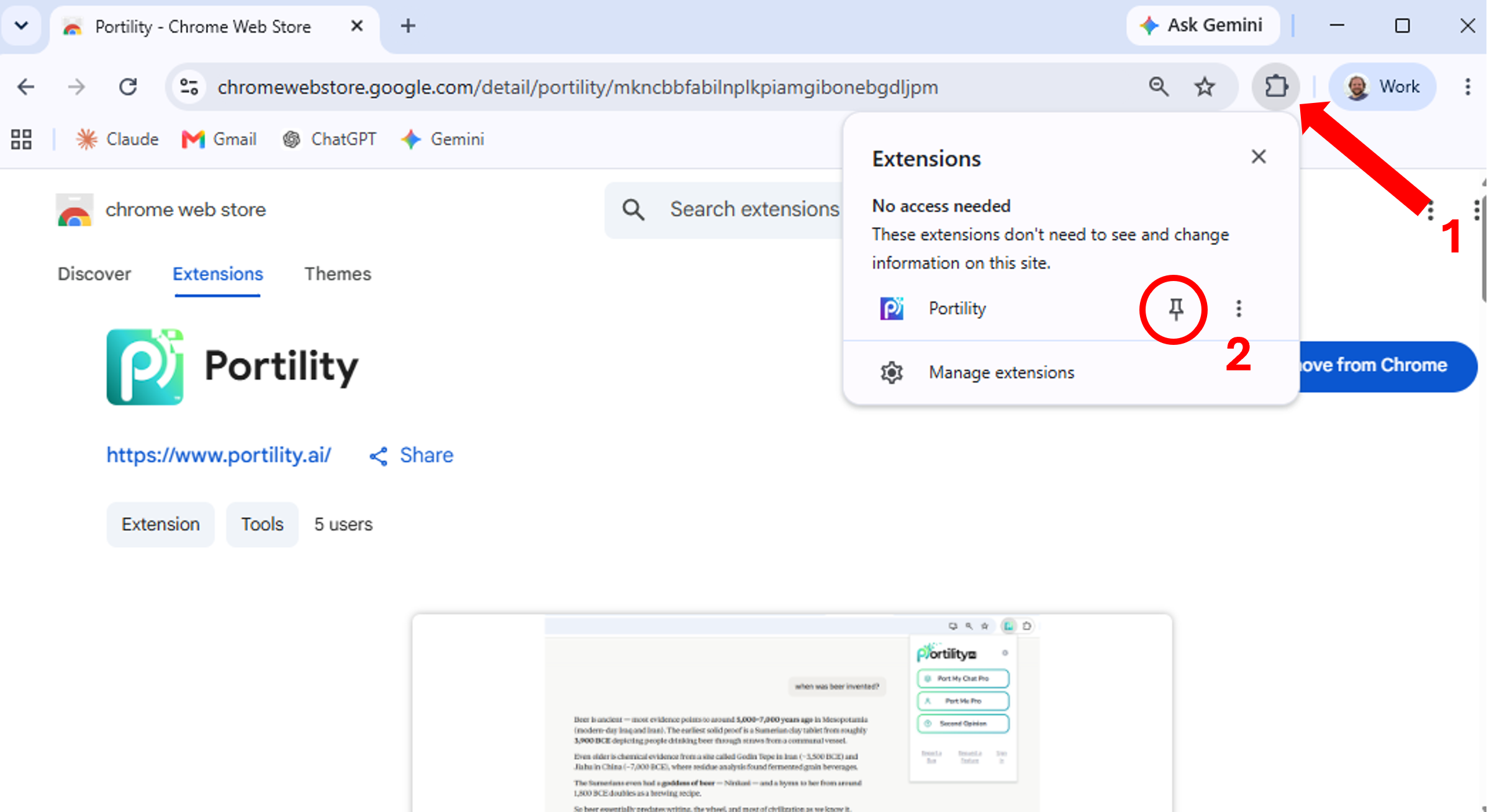 Pinning Portility in the Chrome extensions menu