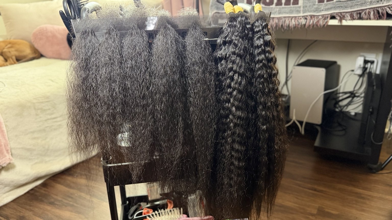 A selection of real ponytails with different curl patterns and textures