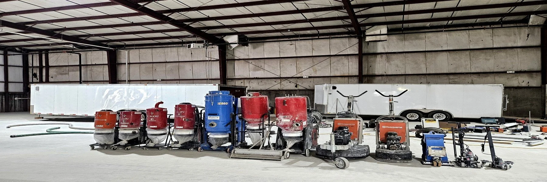 Full equipment lineup including grinders, shot blasters, and vacuums