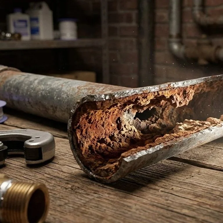 corroded galvanized pipe cross section with mineral buildup