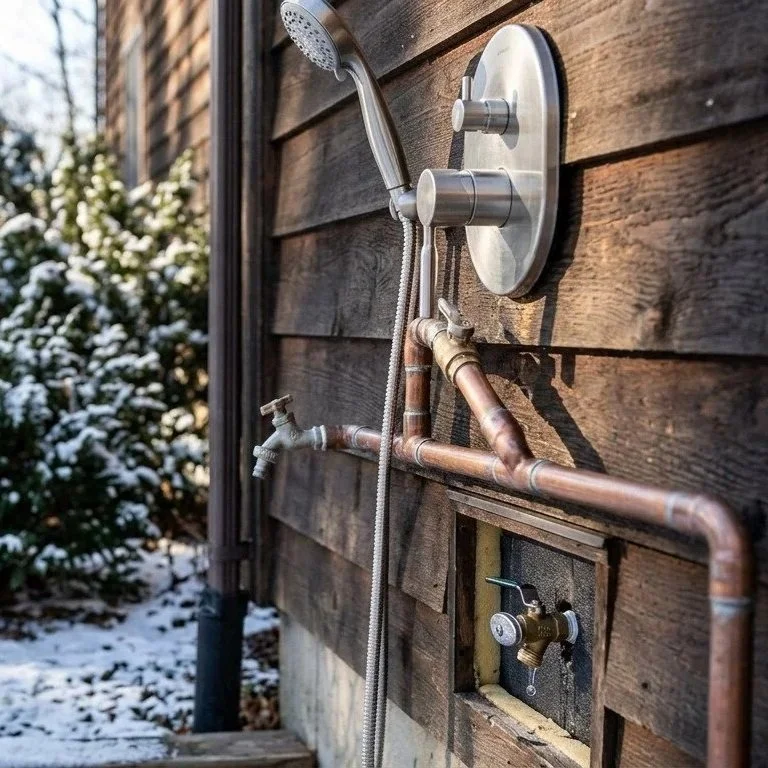 outdoor shower pipes wrapped in winter insulation