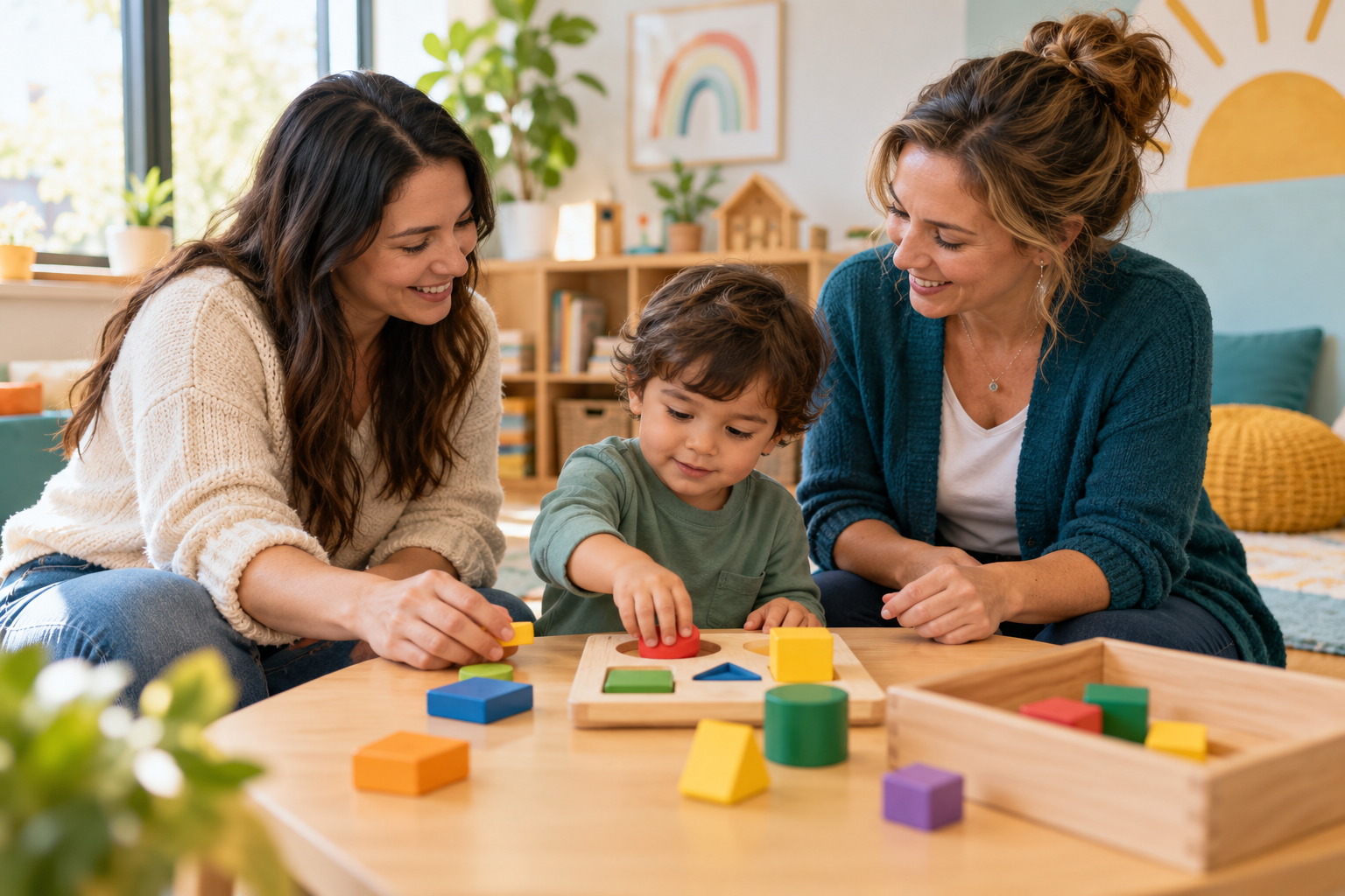 AI-generated illustration of a caregiver and therapist supporting a child with a shape-sorting activity