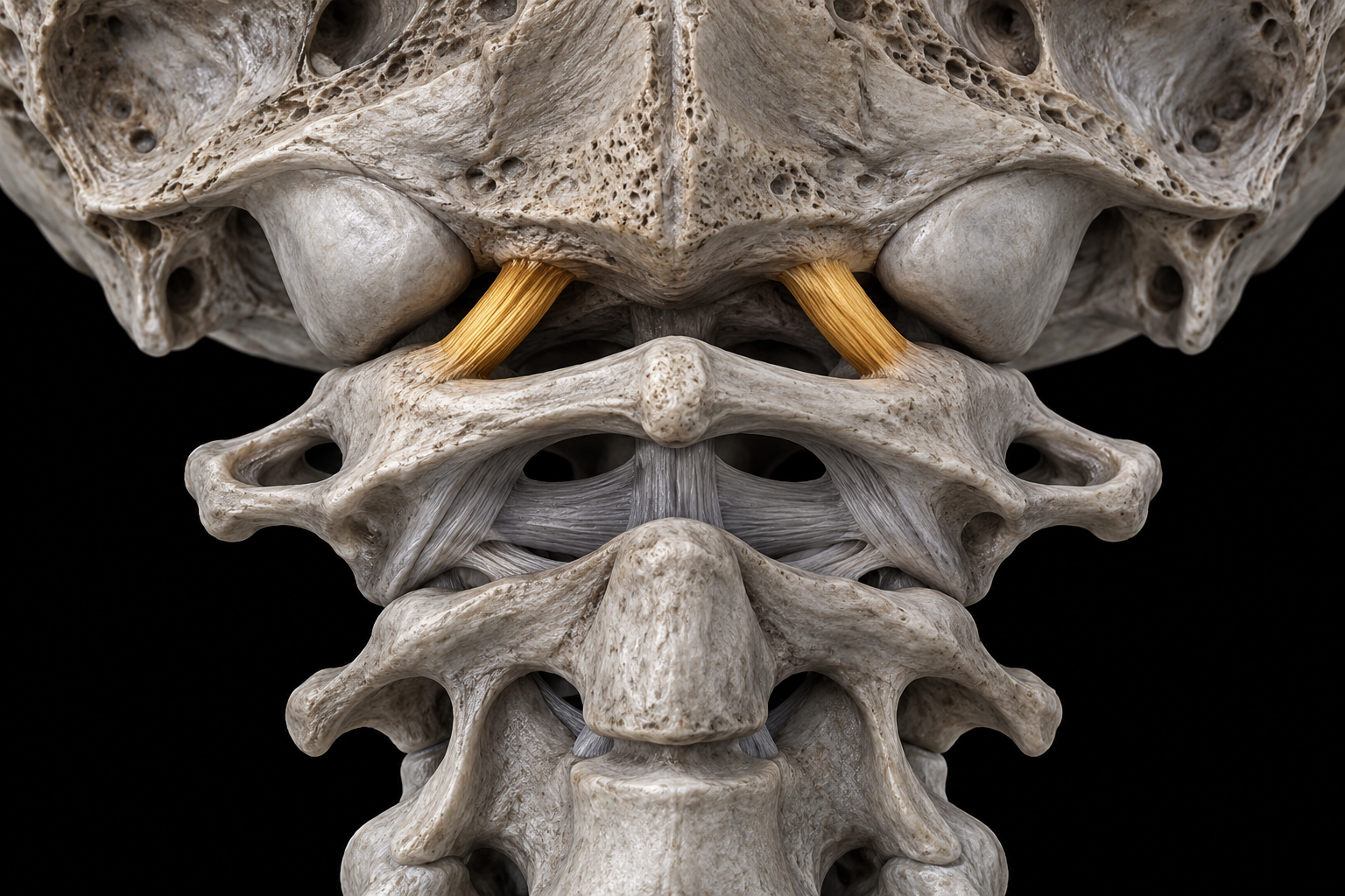 Rectus capitis anterior highlighted in gold. This short, deep muscle connects the front of the atlas to the underside of the skull.
