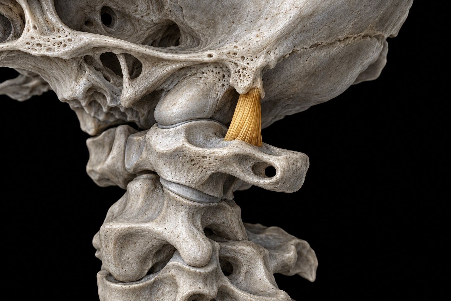 Rectus capitis lateralis highlighted in gold. This short muscle bridges the side of the atlas and the underside of the skull.