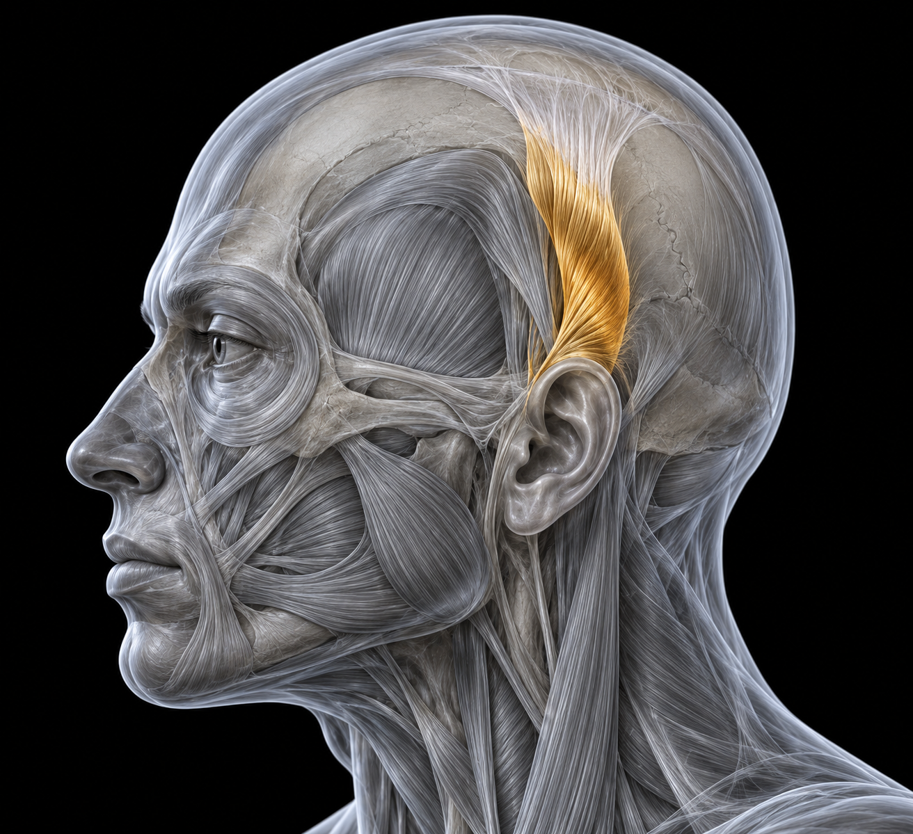 Temporoparietalis highlighted in gold. A thin, variable muscle in the superficial scalp above the ear, distinct from the deeper temporalis.