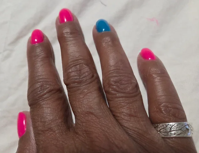 Pink and blue colour-block nail art created at Pedi N Nails Mapleview West