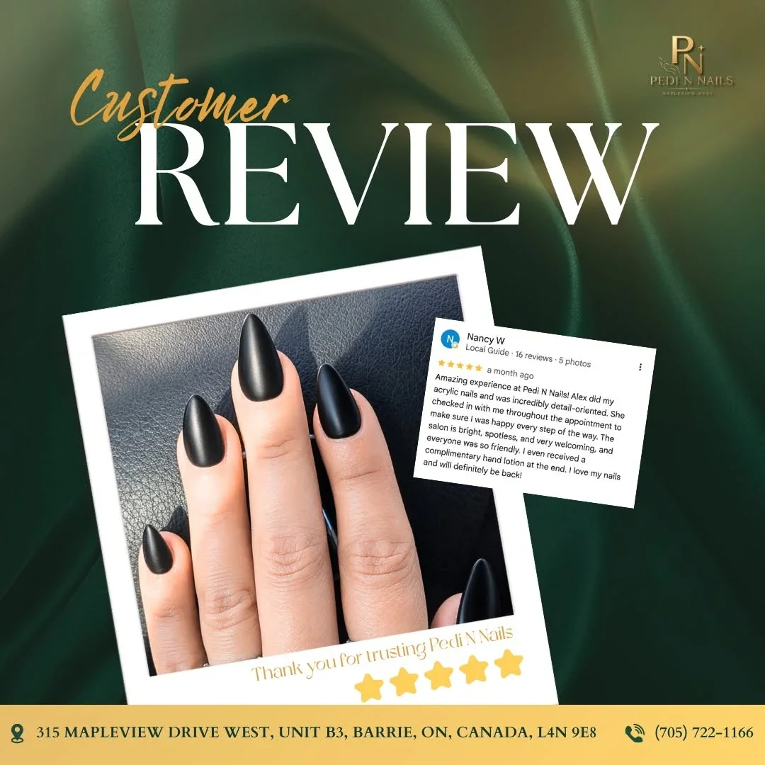 Google review from Nancy W. with matte black acrylic nails