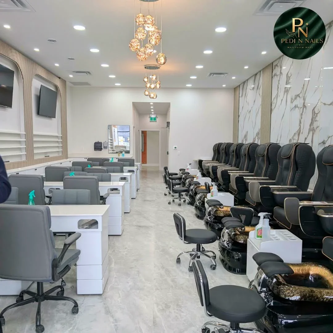 Bright manicure and pedicure stations inside Pedi N Nails Mapleview West in Barrie