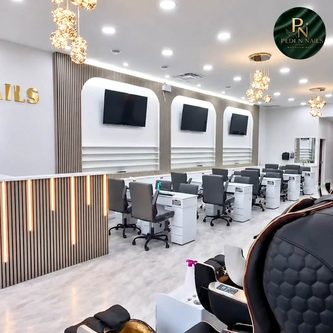 Manicure and pedicure stations inside Pedi N Nails Mapleview West in Barrie