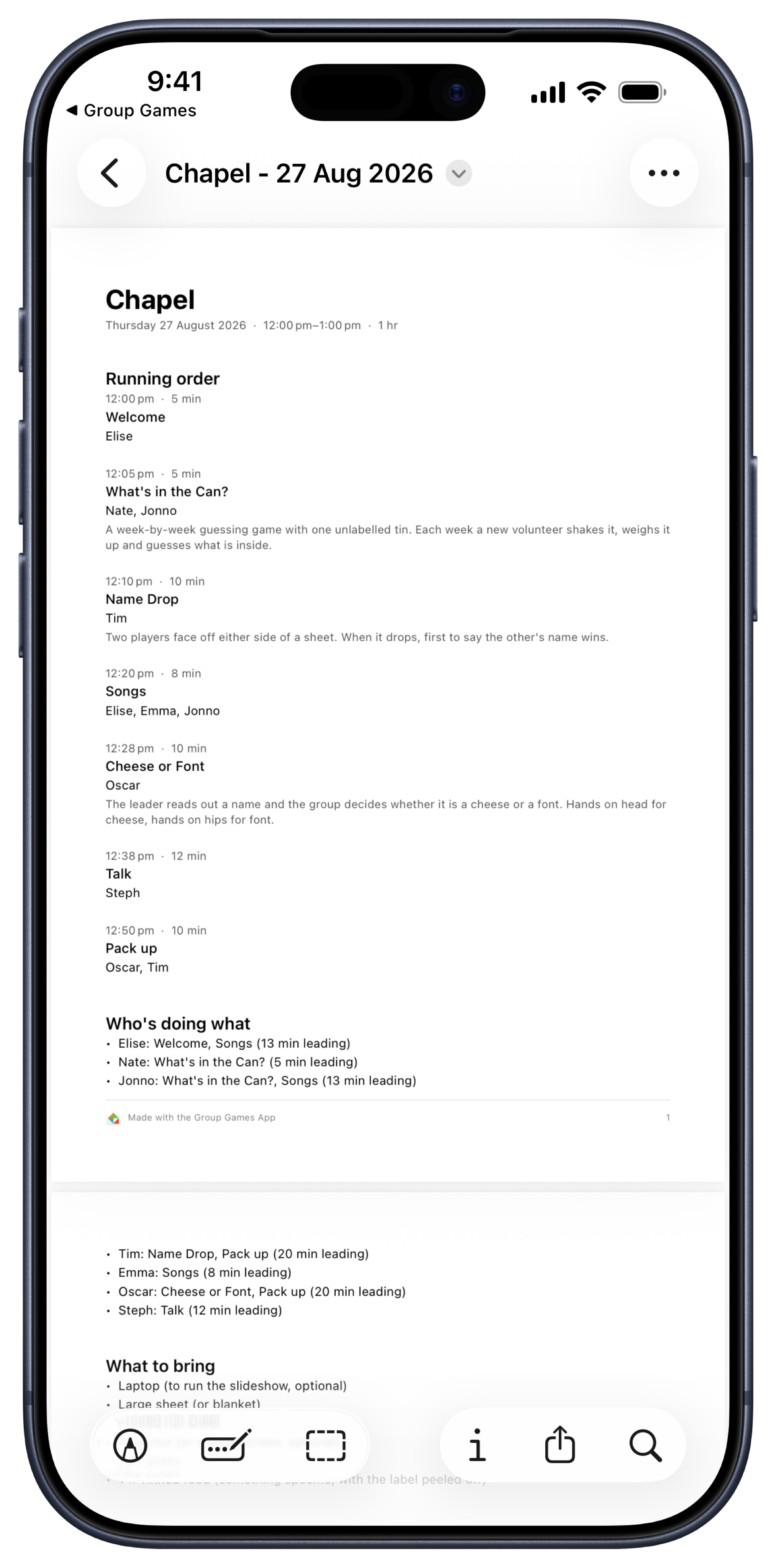 A run sheet exported as a PDF, showing the running order with times, who is doing what and what to bring
