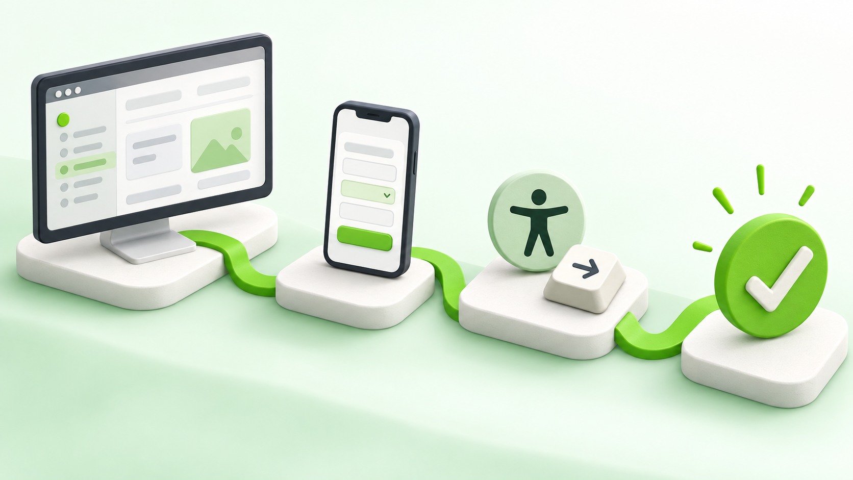 A green path connects a desktop portal, mobile form, accessibility symbol and keyboard key to a completion checkmark.