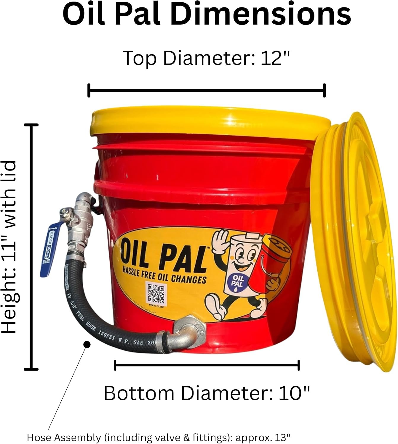 Oil Pal dimensions: 12 inch top diameter, 10 inch bottom diameter, 11 inches tall with lid