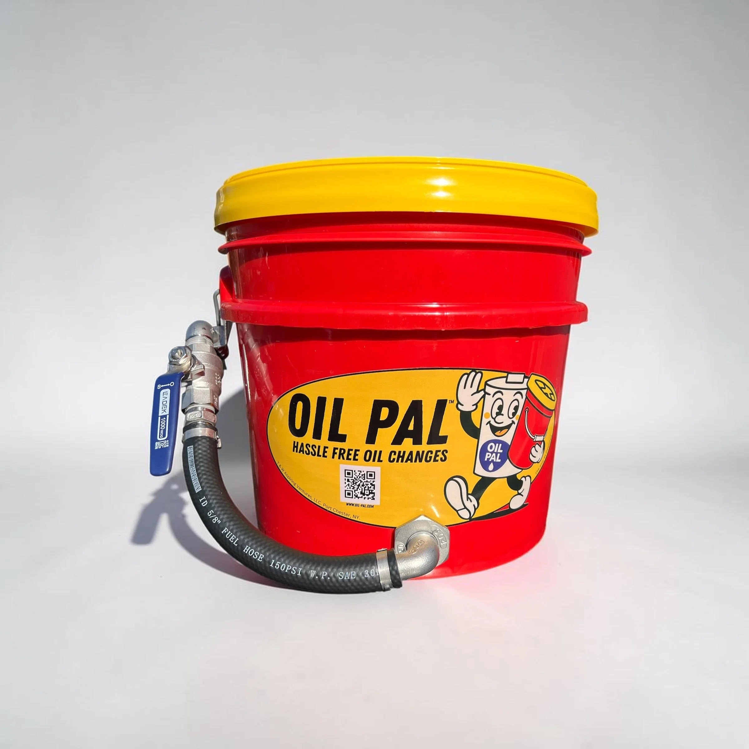 Oil Pal spill-proof oil drain container with built-in valve and hose