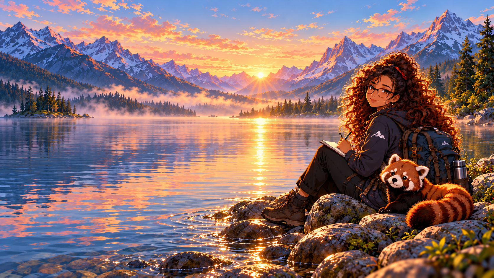 The drifter and her red panda companion beside a mountain lake at sunrise