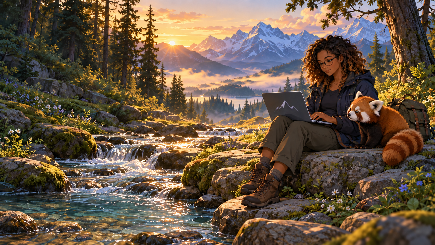 The drifter and red panda working beside a mountain creek at sunrise