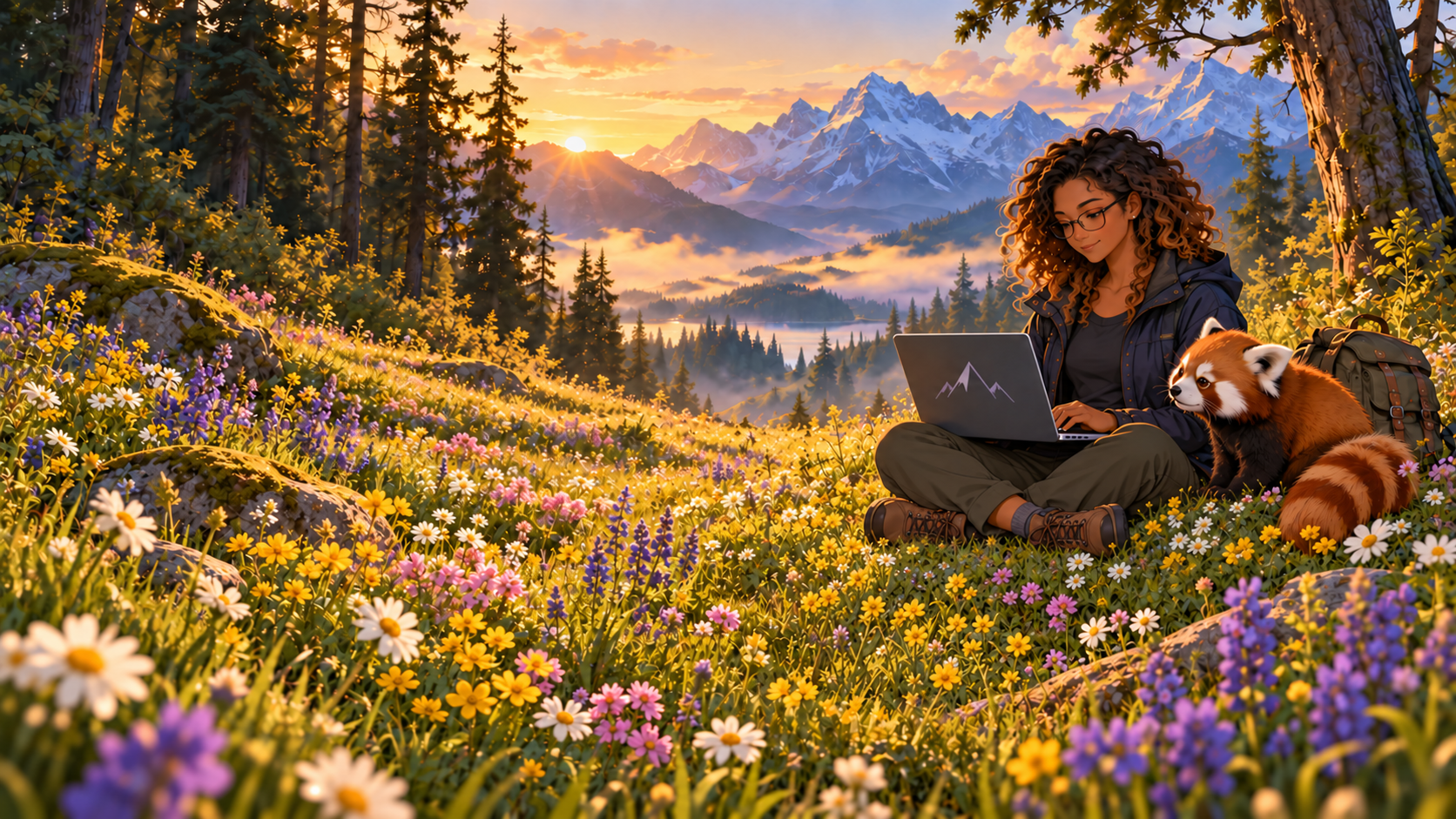 The drifter sitting cross-legged with her laptop and red panda in a blooming mountain meadow