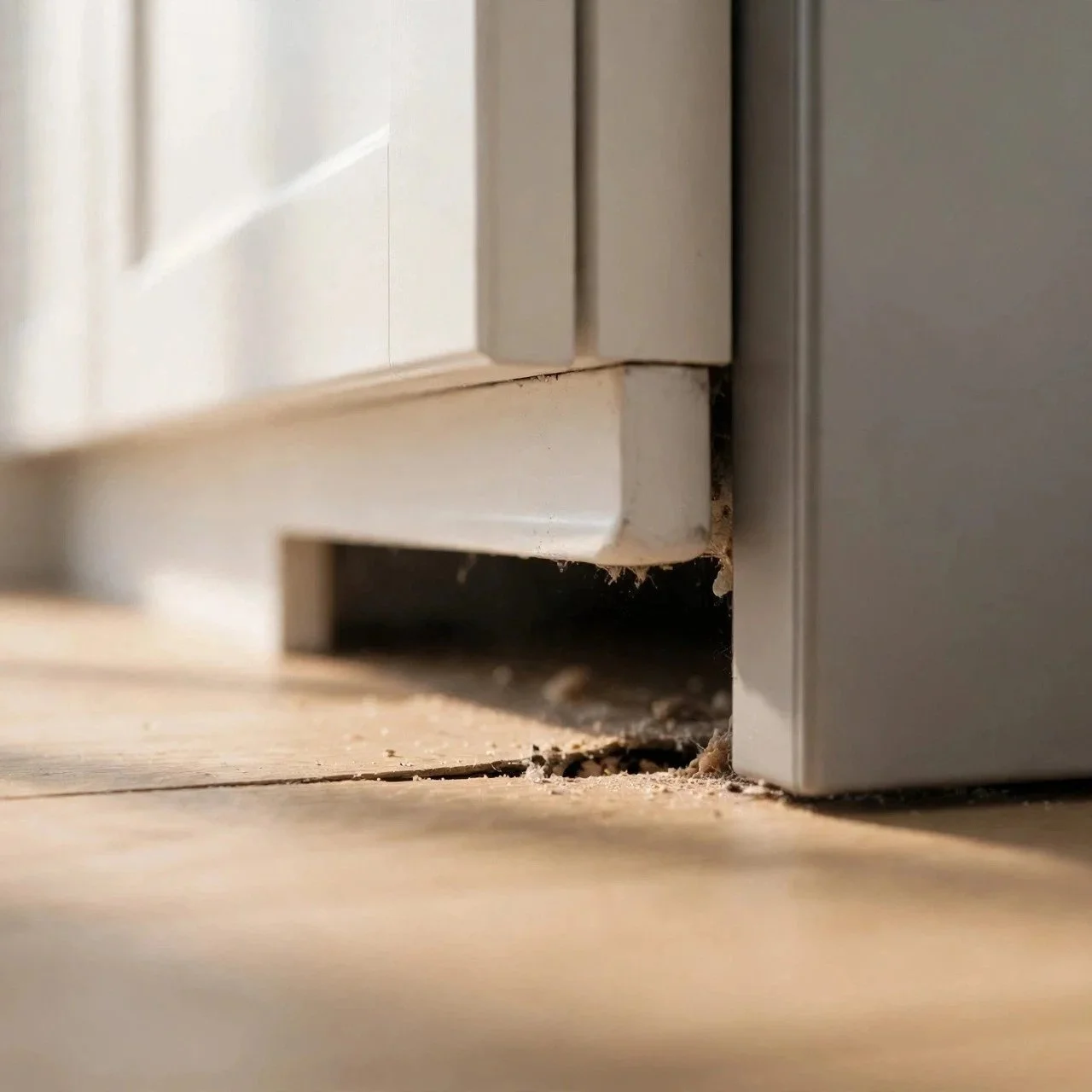 German cockroach hiding in a narrow crack under kitchen cabinets