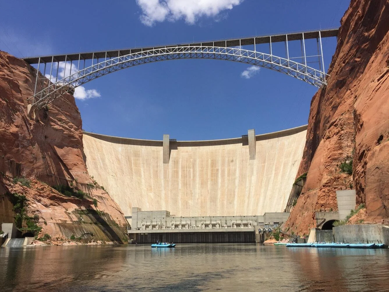 The completed Glen Canyon Dam seen from downstream