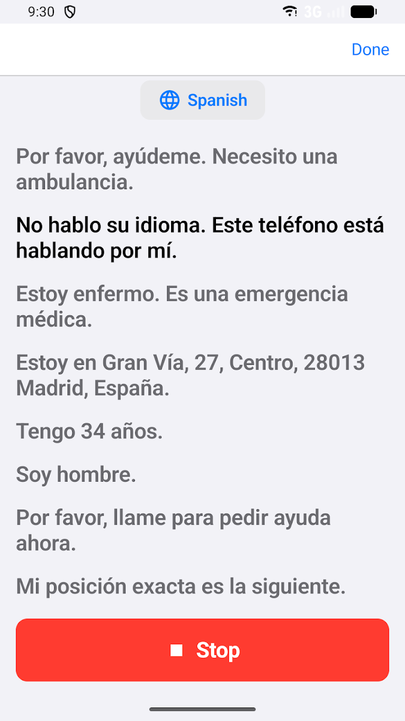 MaydaySOS spoken emergency message in Spanish