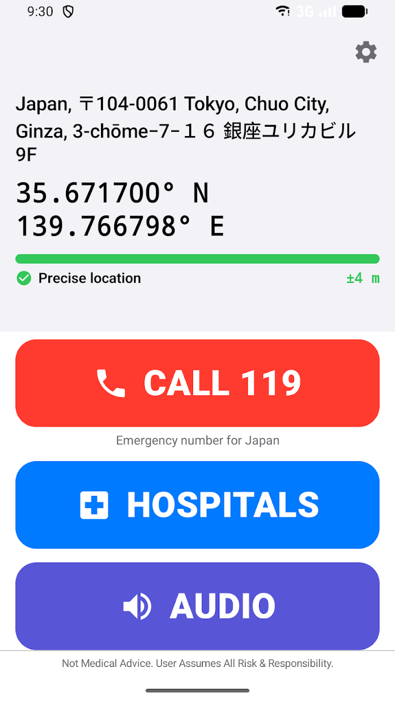 MaydaySOS showing local emergency calling in Japan