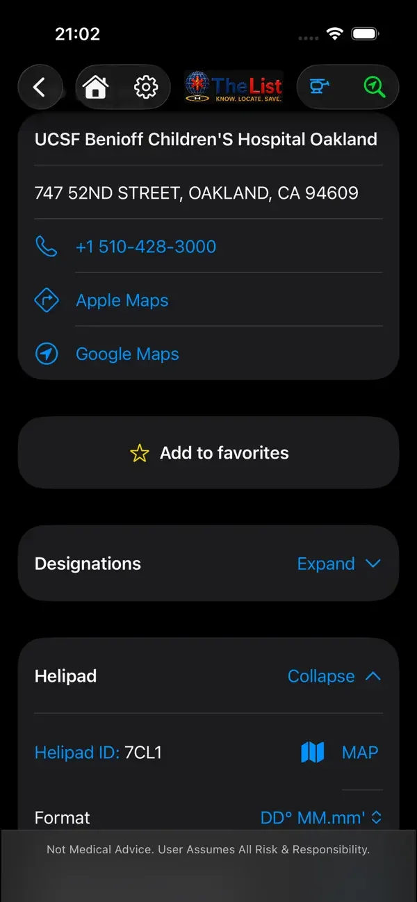 TheList iOS hospital detail screen with facility and helipad information