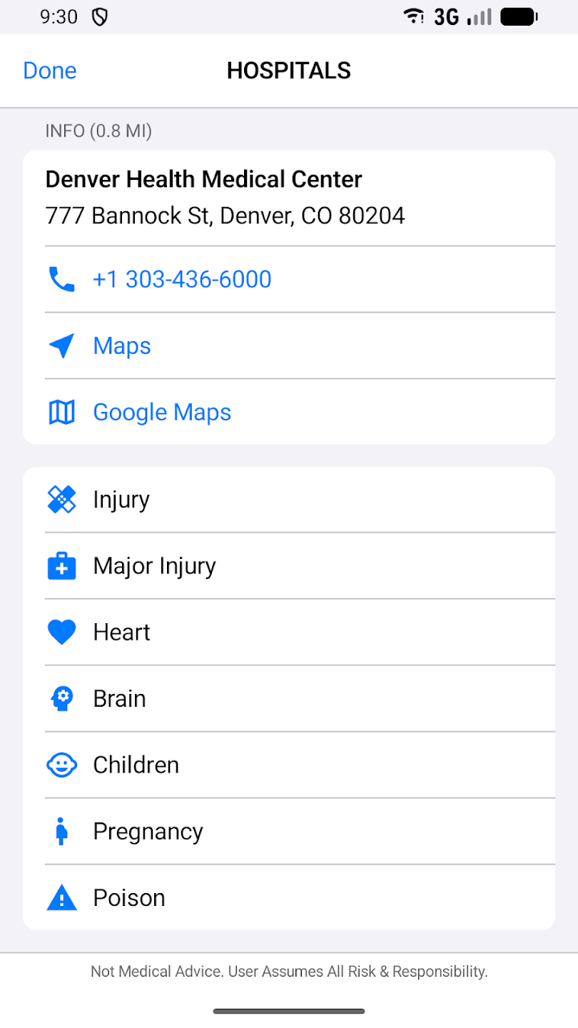 MaydaySOS hospital details and simple care categories