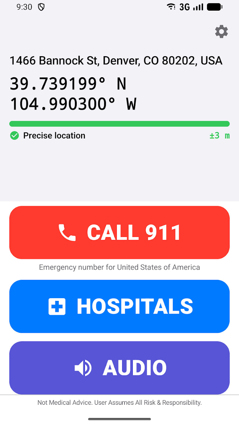 Published MaydaySOS screen showing location, emergency number, hospitals, and audio options