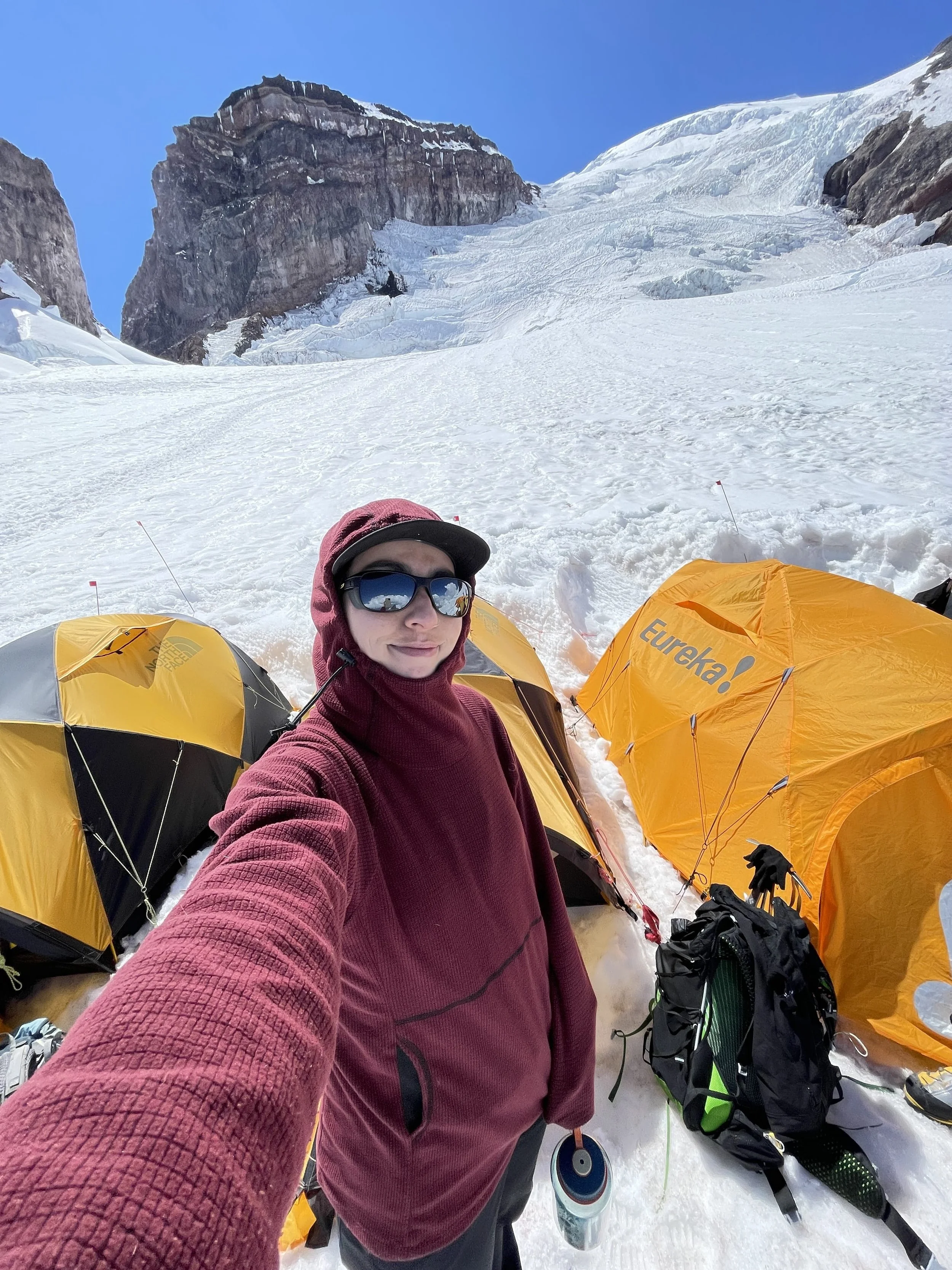 Winter camping selfie at base camp