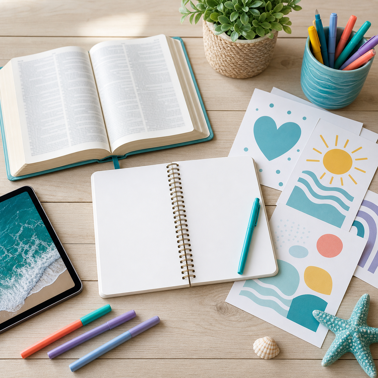 Bible, notebook, and faith resources