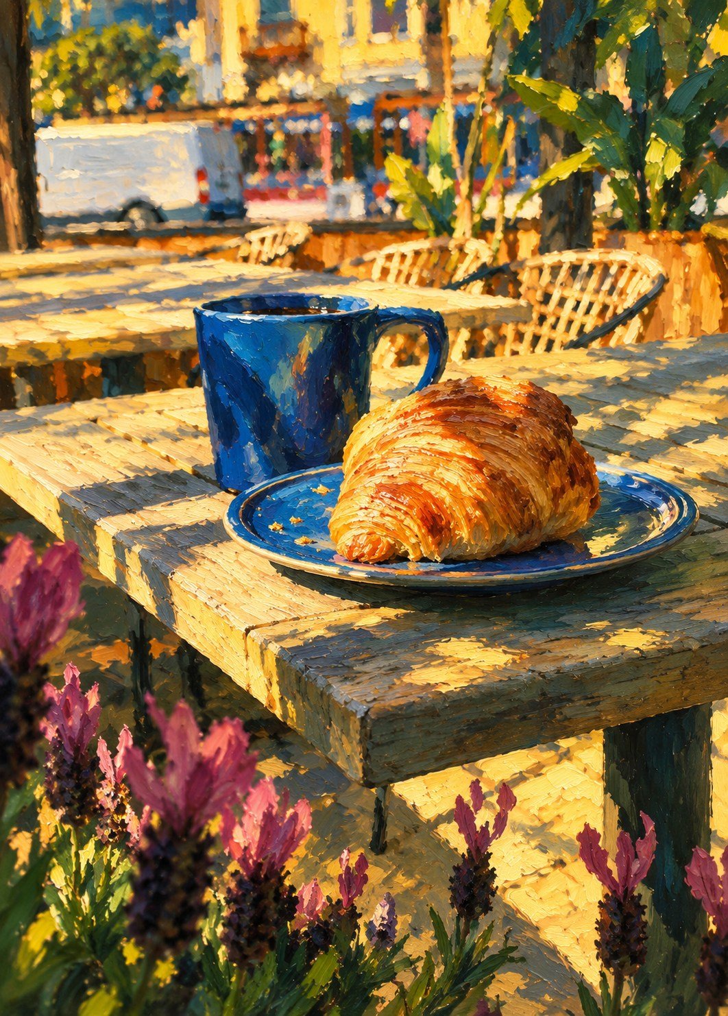 Painted coffee and croissant on Parasol’s leafy patio
