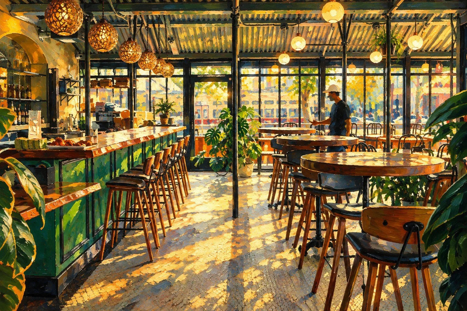Painted Parasol dining room with green bar, globe lights, and sunlit windows