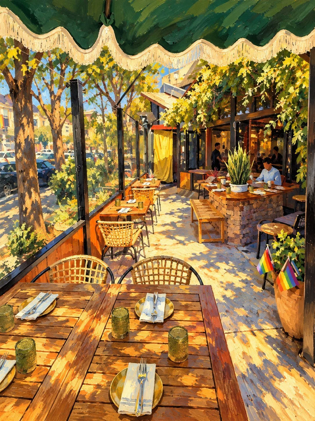 Painted leafy Parasol terrace with a fringed green umbrella and tables set for dining