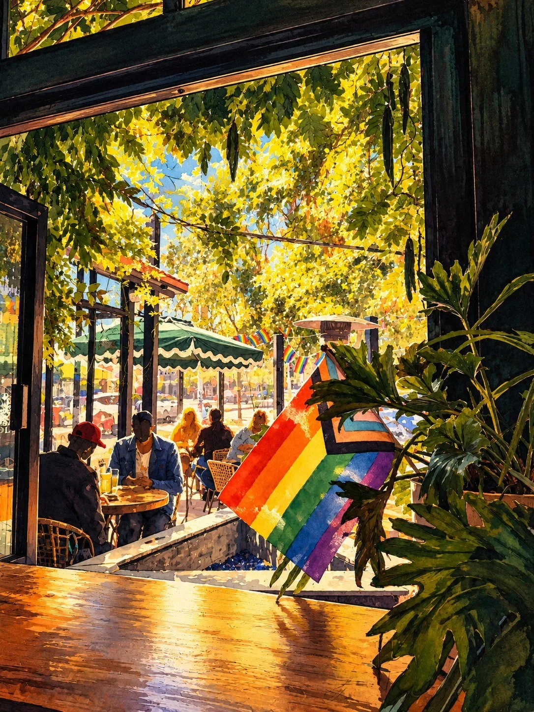 Illustrated leafy Parasol patio, colorful Pride flag, and guests with anonymous faces