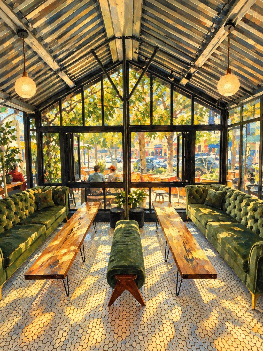 Painted Parasol window lounge with green velvet banquettes, globe lights and leafy street views
