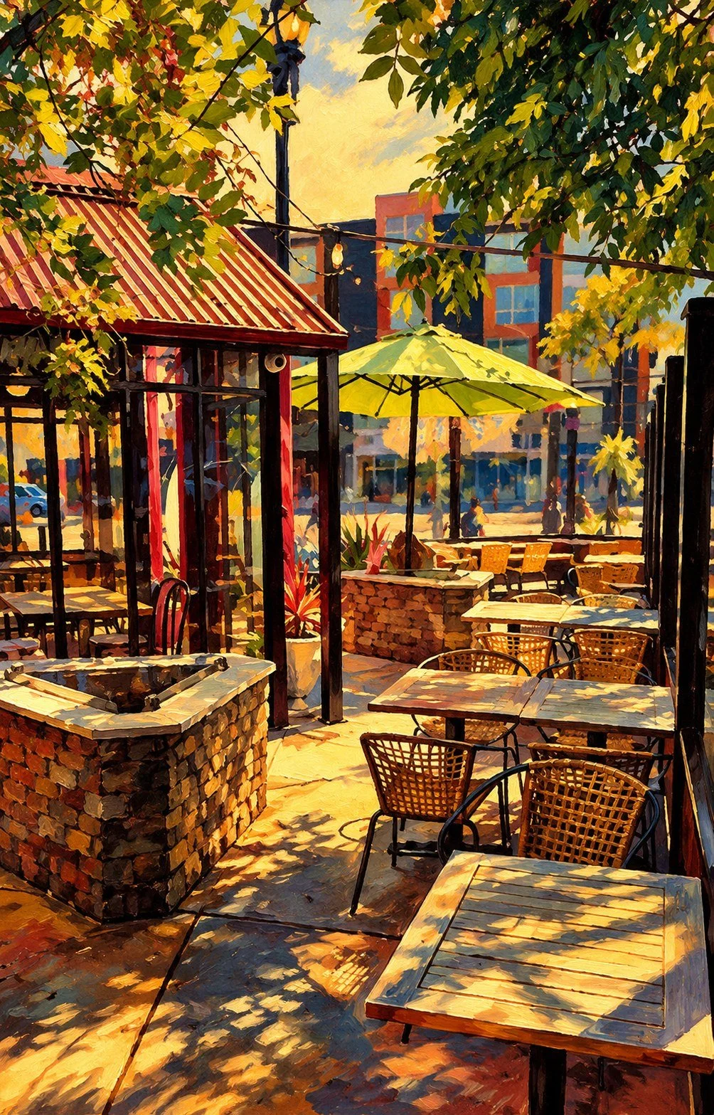 Hand-painted illustration of Parasol's sidewalk terrace and green parasol
