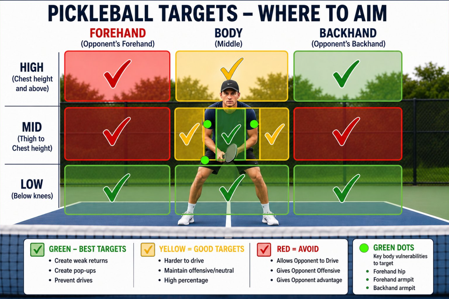 Pickleball targeting 11 windows — the specific target zones on the opponent's side that create maximum strategic pressure including middle seam, backhand hip, and feet