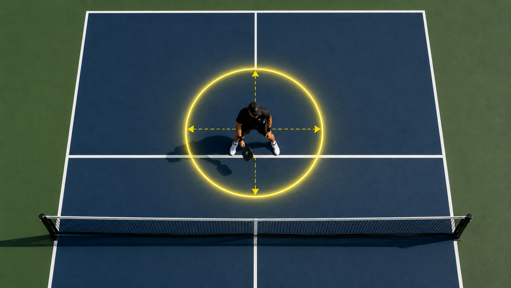 Pickleball own the donut — each player owns a circle of space roughly one step in any direction. Step and recover to center after every shot.