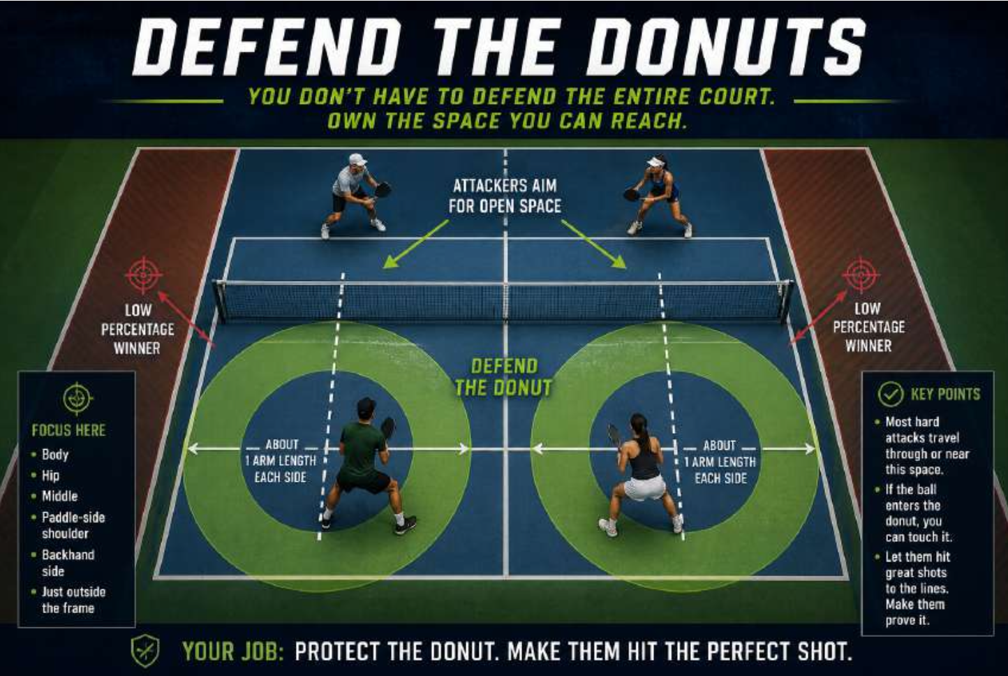Pickleball defend the donut — overhead court view showing coverage circles around each player at the kitchen line. Your job: protect the donut. Make them hit the perfect shot.