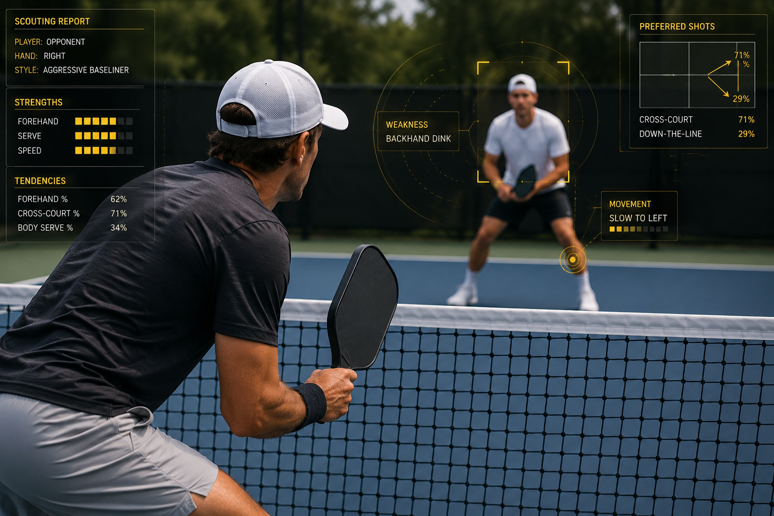 Pickleball opponent profiling — identifying and exploiting opponent tendencies during the match. Find the pattern, name it, exploit it relentlessly.